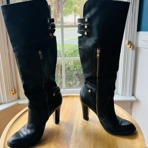 Cynthia Vincent Designer leather strap detail | heeled Knee-High Boots Sz 8.5